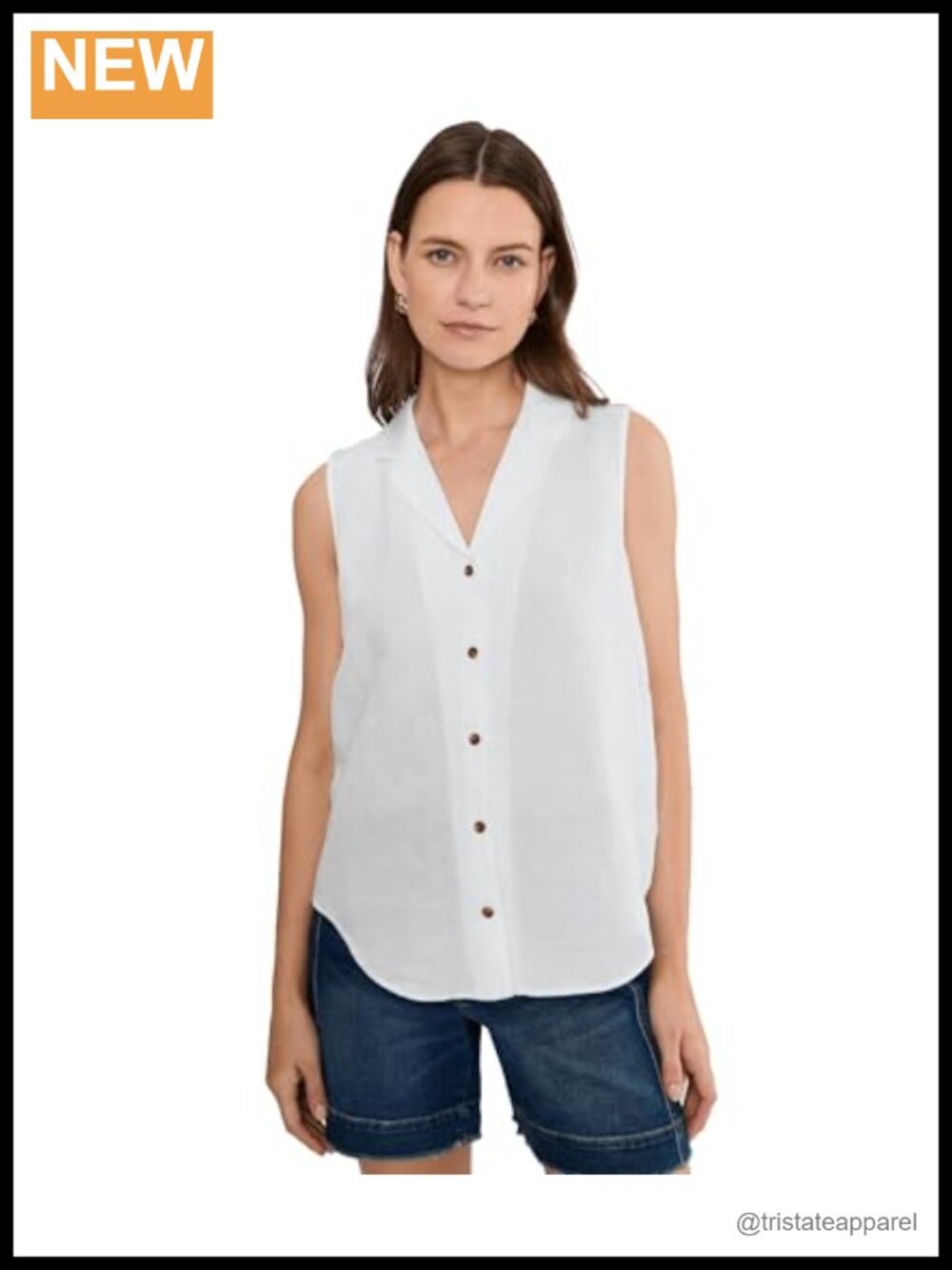 Sleeveless Linen Blouse Point Notch Collar